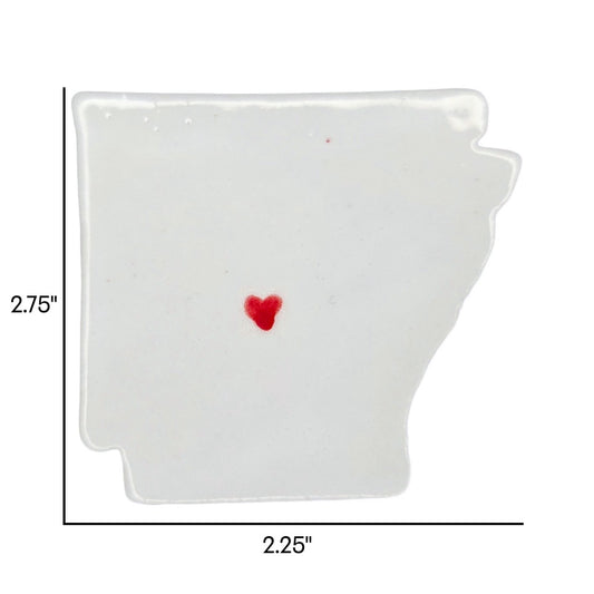 Handmade Arkansas state ceramic magnet with red heart, custom personalized souvenir on white background. Includes measurements.