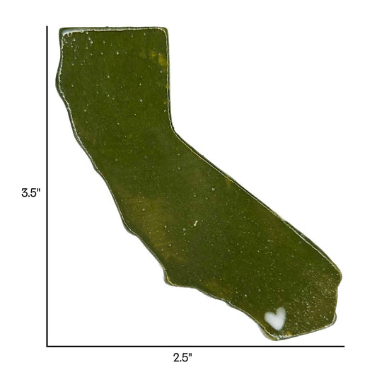 Handmade California state ceramic magnet in olive glaze with white heart, custom personalized souvenir on white background. Includes dimensions.