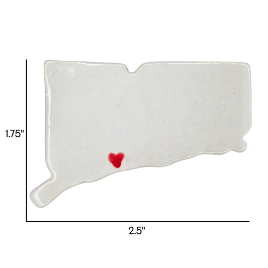 Handmade Connecticut state ceramic magnet with red heart, custom personalized souvenir on white background. Includes dimensions.