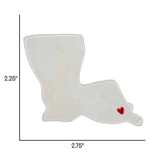 Handmade Louisiana state ceramic magnet with red heart, custom personalized souvenir on white background. Includes dimensions.