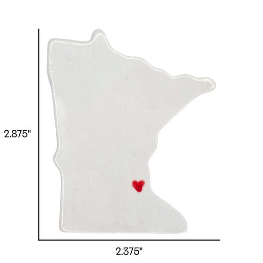 Handmade Minnesota state ceramic magnet with red heart, custom personalized souvenir on white background. Includes measurements.