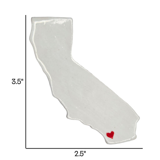 Handmade ceramic California state magnet with red heart over San Diego showing size dimensions 3.5 inches by 2.5 inches - white glazed Golden State souvenir magnet made in USA