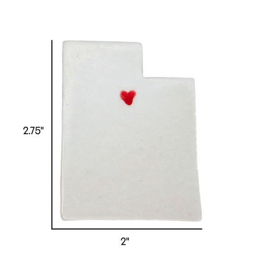 Handmade Utah state ceramic magnet with red heart, custom personalized souvenir on white background. Includes dimensions.