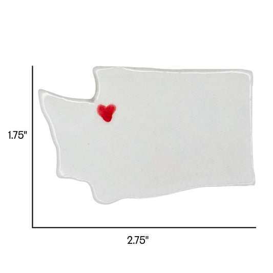 Washington State-shaped white ceramic magnet with a red heart over Seattle. Includes dimensions.
