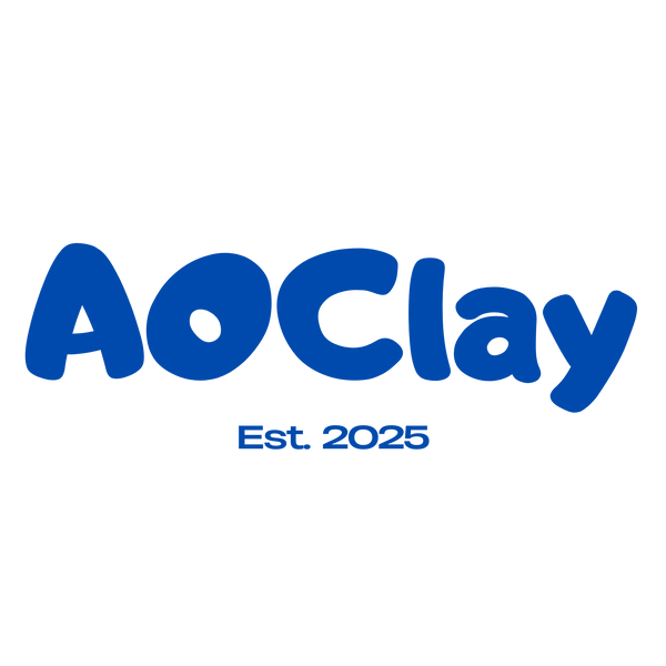 AoClay company logo in blue lettering established 2025 - handmade ceramic magnet brand and manufacturer