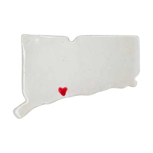 Handmade Connecticut state ceramic magnet with red heart, custom personalized souvenir on white background