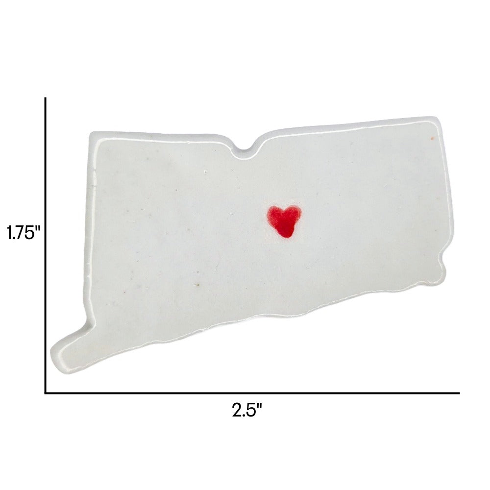 Handmade Connecticut state ceramic magnet with red heart, custom personalized souvenir on white background. Includes dimensions