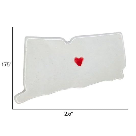 Handmade Connecticut state ceramic magnet with red heart, custom personalized souvenir on white background. Includes dimensions