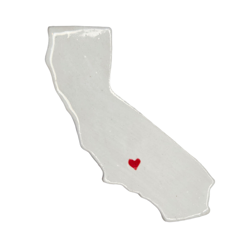 Handmade California ceramic magnet with white glaze and red heart over Bakersfield - unique state souvenir gift