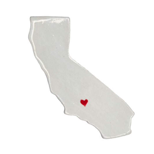Handmade California ceramic magnet with white glaze and red heart over Bakersfield - unique state souvenir gift