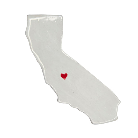 Handmade California ceramic magnet with white glaze and red heart over Fresno - unique state souvenir gift
