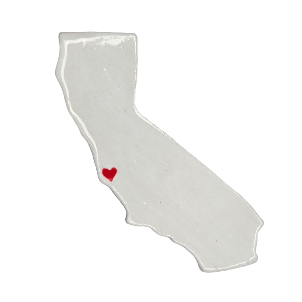 Handmade California ceramic magnet with white glaze and red heart over Monterey - unique state souvenir gift