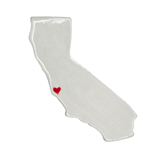 Handmade California ceramic magnet with white glaze and red heart over Monterey - unique state souvenir gift