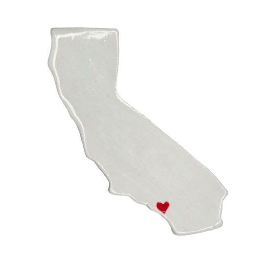 Handmade California ceramic magnet with white glaze and red heart over Newport Beach - unique state souvenir gift