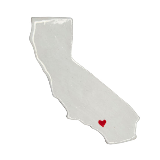 Handmade California ceramic magnet with white glaze and red heart over Riverside - unique state souvenir gift
