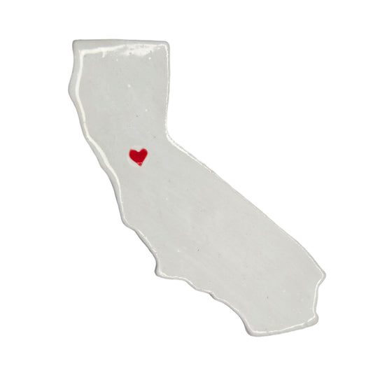 Handmade ceramic California state magnet with red heart over Sacramento - white glazed Golden State souvenir magnet made in USA