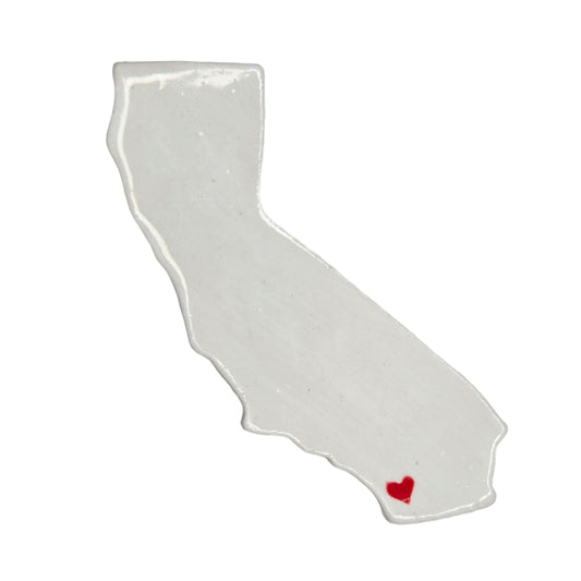 Handmade ceramic California state magnet with red heart over San Diego - white glazed Golden State souvenir magnet made in USA