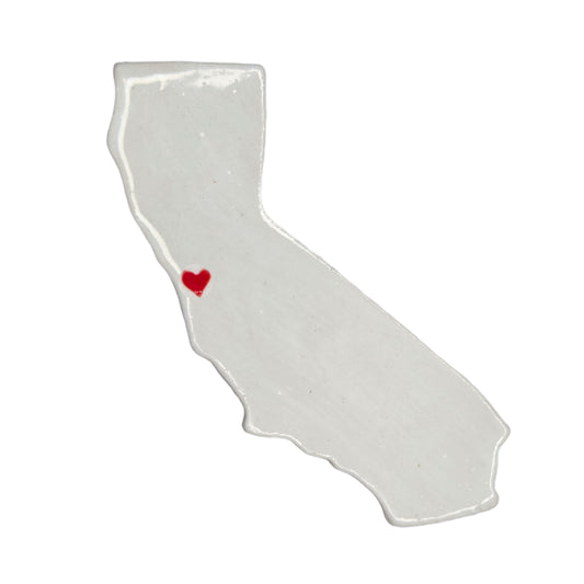 Handmade ceramic California state magnet with red heart over San Francisco - white glazed Golden State souvenir magnet made in USA