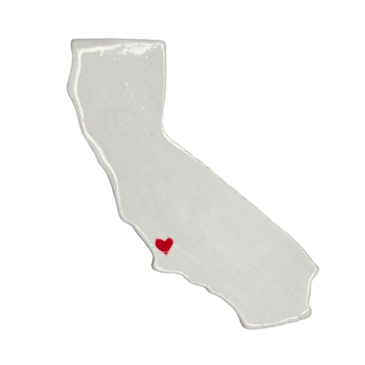 Handmade California ceramic magnet with white glaze and red heart over San Luis Obispo - unique state souvenir gift