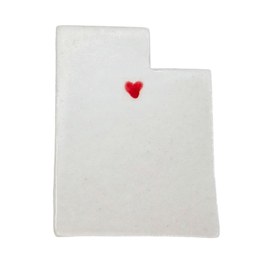 Handmade Utah state ceramic magnet with red heart, custom personalized souvenir on white background