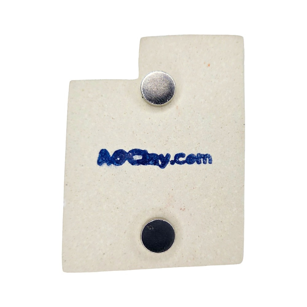 Back of Utah State Ceramic Magnet with Blue aoclay.com on the back.