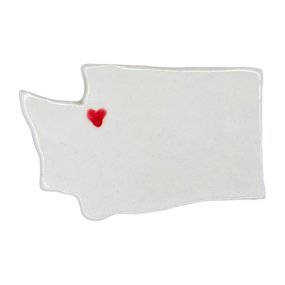 Washington State-shaped white ceramic magnet with a red heart over Seattle. 