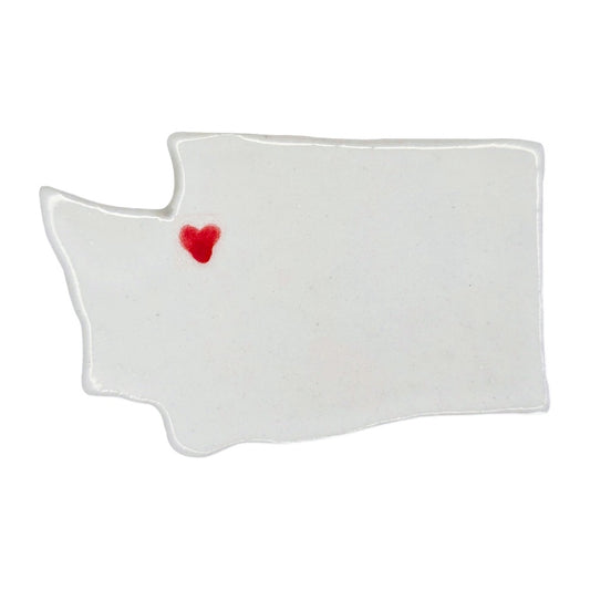 Washington State-shaped white ceramic magnet with a red heart over Seattle. 